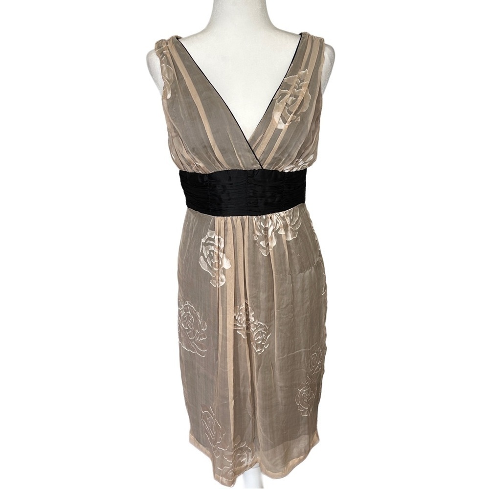 Jonathan Martin Vintage Beige Black Silk Floral Midi Dress Size 6